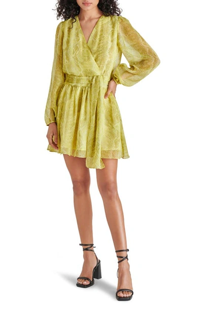 Steve Madden Snakeskin Print Long Sleeve Chiffon Faux Wrap Dress In Sunny Lime