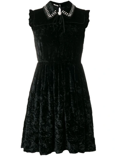 Miu Miu Crystal Embellished Velvet Mini Dress In Black