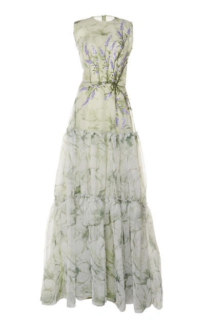 Costarellos Tiered Printed Organza Gown In Green
