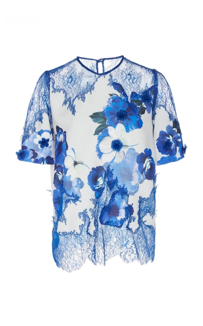 Costarellos Short Sleeve Lace And Crepe Top In Floral