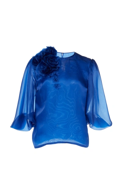 Costarellos Crewneck Silk Organza Blouse In Blue