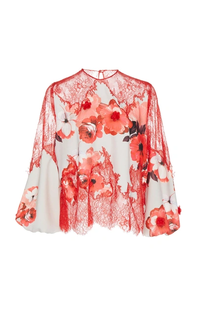 Costarellos Lace Yoke Printed Crepe Blouse In Floral