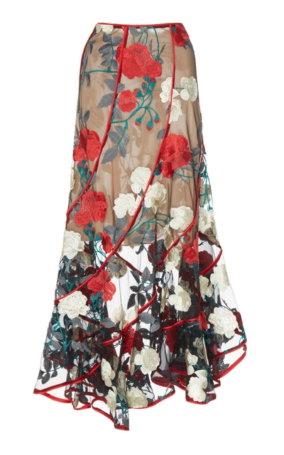 Costarellos Skew Vollants Embroidered Tulle Skirt In Floral