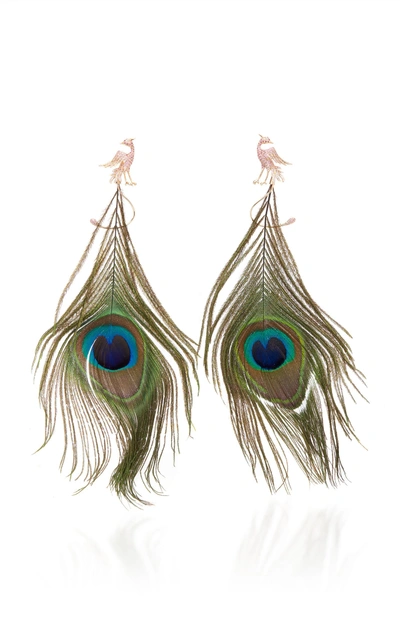 Wendy Yue Peacock Feather Earrings In Green