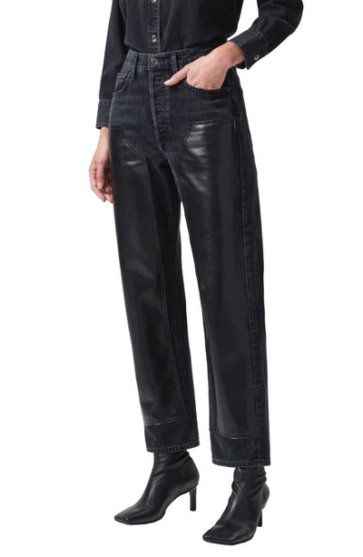 Agolde Ryder High Waist Organic Cotton Straight Leg Jeans With Recycled Leather Blend Panel In Ink/ Detox