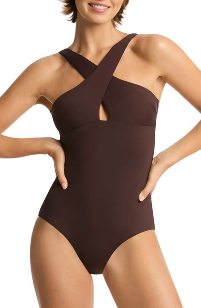 Sea Level Infinity Crossover Neck One-piece Swimsuit In Cocoa