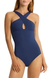 Sea Level Infinity Crossover Neck One-piece Swimsuit In Indigo