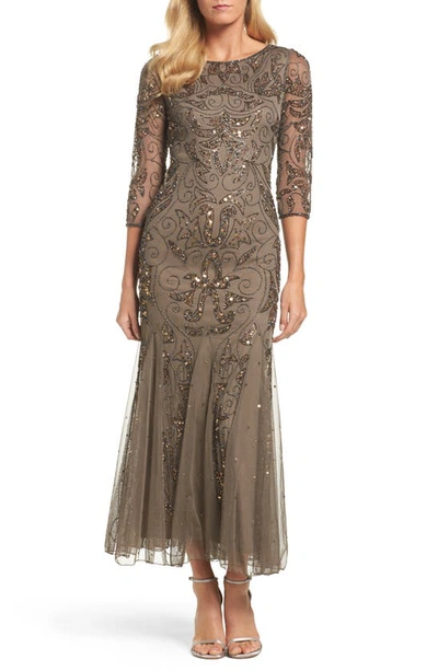 Pisarro Nights Illusion Sleeve Beaded A-line Gown In Mocha