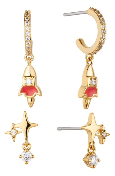 Ajoa Set Of 2 Rocket & Star Enamel & Cz Earrings In Gold