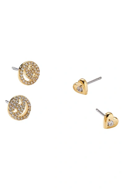 Ajoa Small Fortune Set Of 2 Smiley & Heart Cz Stud Earrings In Gold