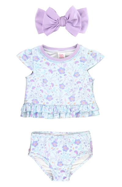 Rufflebutts Babies'  Floral Ruffle Two-piece Swimsuit & Headband Set In Blue Floral