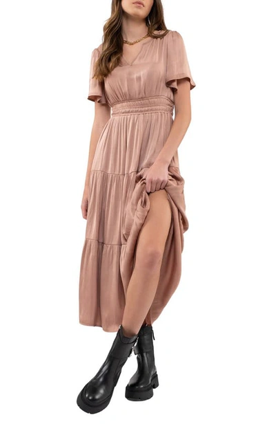 Blu Pepper Tiered Satin Maxi Dress In Dusty Blush