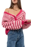 Blu Pepper Stripe Check Balloon Sleeve Cardigan In Hot Pink