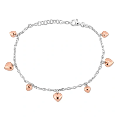 Mimi & Max Children's Heart Charm Bracelet Diamond Cut Cable Chain In Two-tone Sterling Silver - 6.5 In Pink