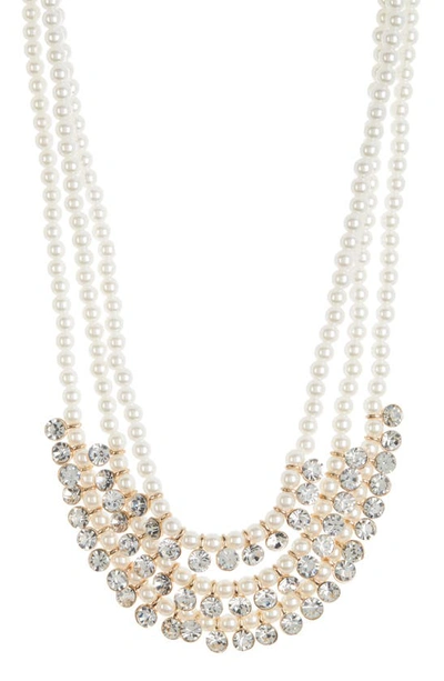 Tasha Imitation Pearl & Crystal Layered Bib Necklace In Gold Ivory