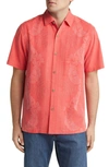 Tommy Bahama Bali Border Floral Jacquard Short Sleeve Silk Button-up Shirt In Red Flash