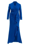 Tadashi Shoji Ruched Long Sleeve Column Gown In Mystic Blue