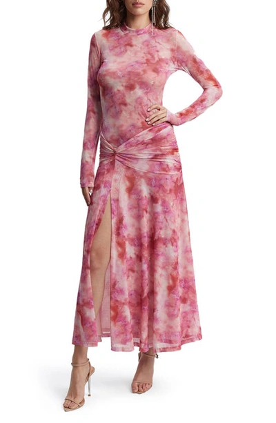 Bardot Lea Tie Dye Ruched Long Sleeve Mesh Maxi Dress In Pink Tie Dye