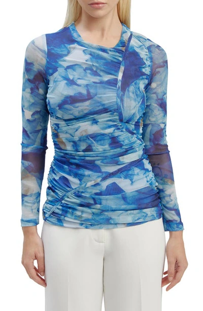 Bardot Cadence Ruched Tie Dye Mesh Top In Blue
