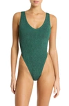 Bondeye Alicia Metallic O-ring Smocked One-piece Swimsuit In Bottle Green Lurex