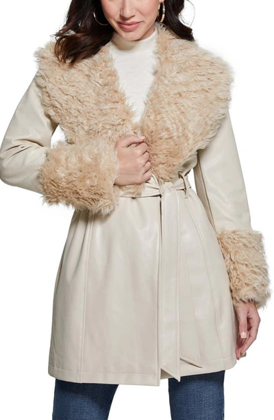 Guess Faux Leather & Faux Fur Coat In White