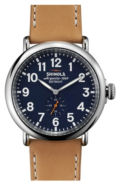 Shinola 'the Runwell' Leather Strap Watch, 47mm In Tan/ Collegiate Blue/ Silver