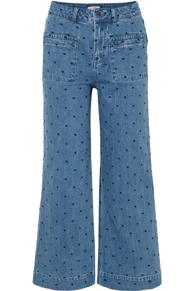Ulla Johnson Niko Embroidered Polka-dot High-rise Flared Jeans In Mid Denim