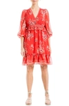 Max Studio Floral Balloon Sleeve A-line Dress In Red