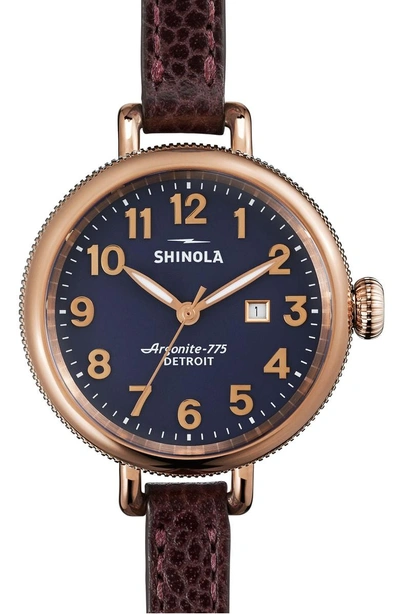 Shinola The Birdy Leather Strap Watch, 34mm In Oxblood/black/rose Gold