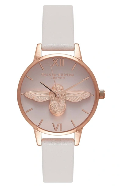 Olivia Burton Molded Bee Leather Strap Watch, 30mm In White/ Grey/ Pink