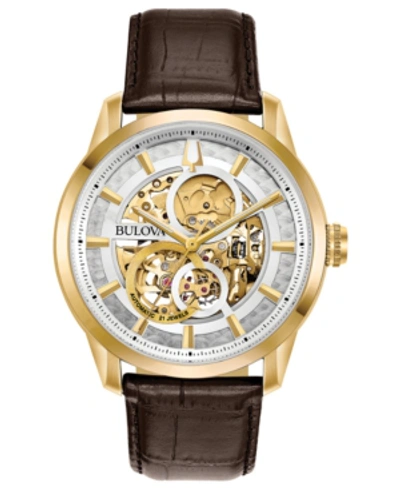 Bulova Men's Automatic Sutton Brown Leather Strap Watch 43mm In White/brown