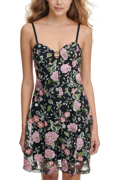 Guess Floral Embroidered Mesh Fit & Flare Dress In Black Multi