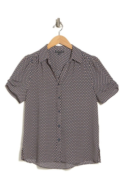 Adrianna Papell Puff Short Sleeve Button-up Top In Dusty Blue Harvest