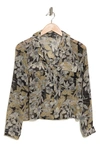 T Tahari Snake Print Long Sleeve Crop Blouse In Black/ Olive Tropical