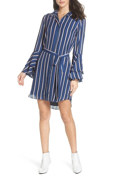 Charles Henry Tiered Bell Sleeve Shirtdress In Navy/ Pink/ Ivory Stripe