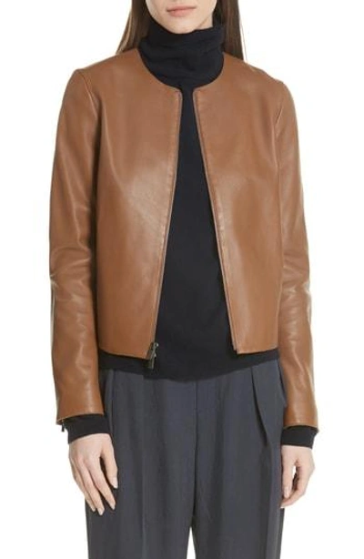 Vince Collarless Leather Jacket In Saddle