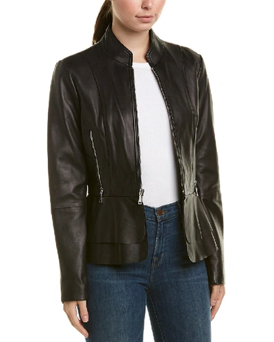 Tahari Thea Peplum Hem Leather Jacket In Black