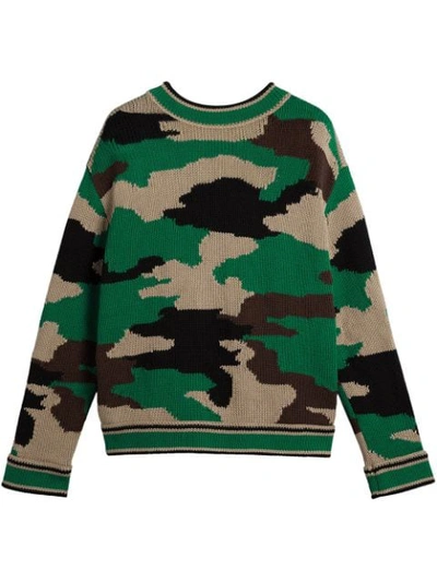 Burberry Camouflage Intarsia Cotton V-neck Sweater In Military Khaki