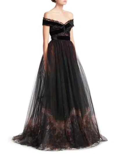 Elie Saab Tulle & Lace Full Skirted Gown In Multi
