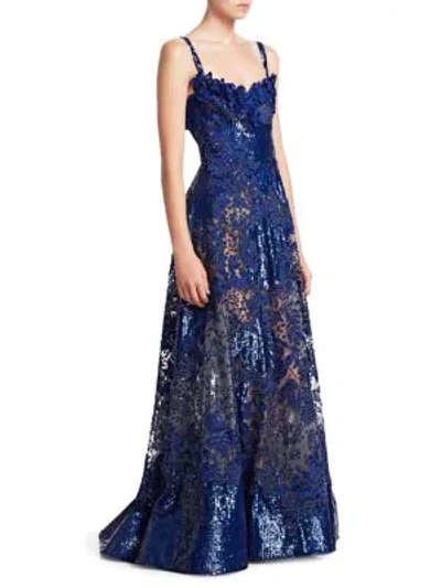Elie Saab Embroidered & Sequined Gown In Cobalt
