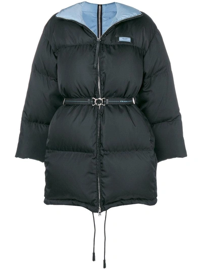 Prada Belted Padded Coat - Black