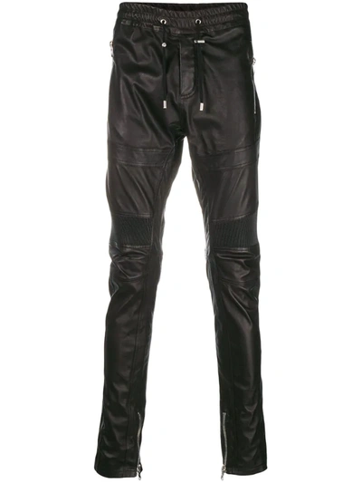 Balmain Black Stretch Leather Biker Trousers In Nero