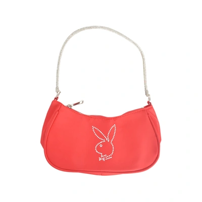 Playboy Nylon Handbag With Rhinestone Handle And Rhinestone Bunny In Red