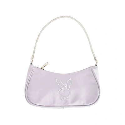 Playboy Nylon Handbag With Rhinestone Handle And Rhinestone Bunny In Silver