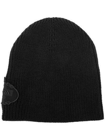 Prada Black Logo Embroidered Ribbed Virgin Wool Hat