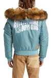 Billionaire Boys Club Eucalyptus Faux Fur Trim Graphic Hooded Bomber Jacket In Sage Brush