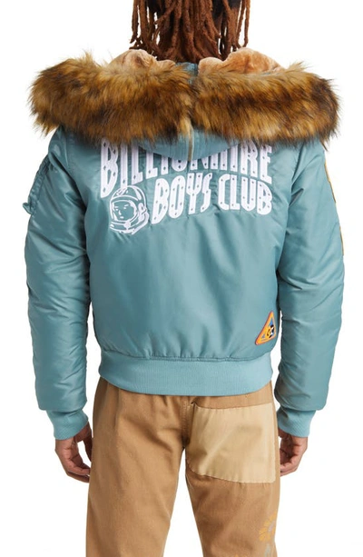 Billionaire Boys Club Eucalyptus Faux Fur Trim Graphic Hooded Bomber Jacket In Sage Brush