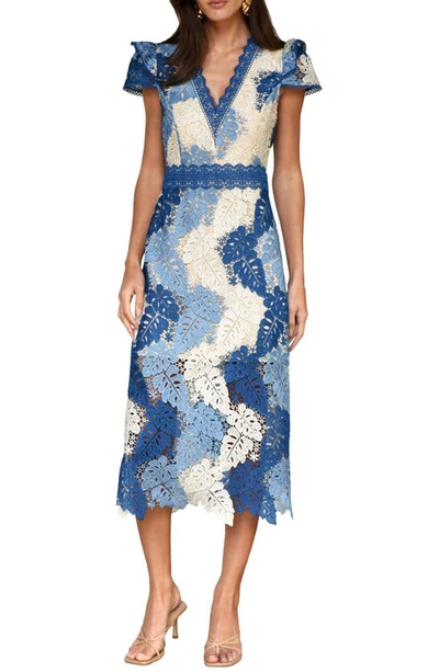 Adelyn Rae Adeline Palm Lace Midi Dress In Sapphire Blue/cream