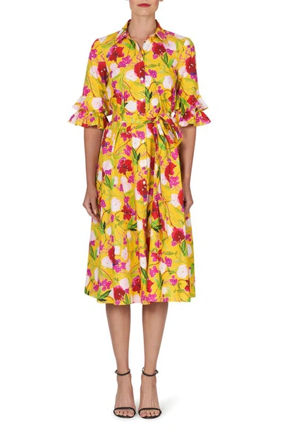 Carolina Herrera Floral Print Ruffle Cuff Cotton Shirtdress In Taxi Cab Multi