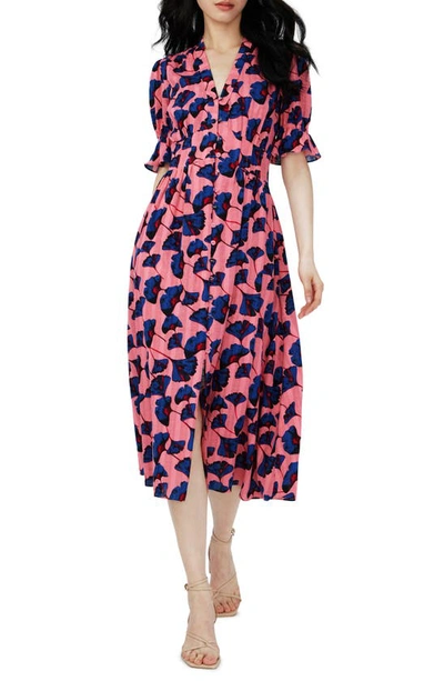 Dvf Erica Floral Button Front Cotton Midi Dress In Falling Gingko Antique Pk Med